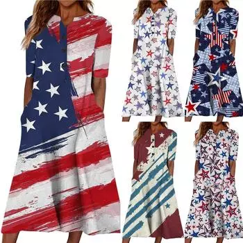 Женское летнее повседневное модное платье с короткими рукавами и карманами на день независимости с принтом XL синий