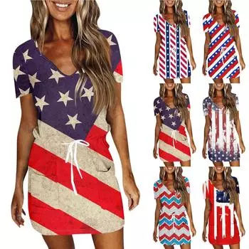 Женское летнее повседневное модное платье с короткими рукавами и кулиской на день независимости S киноварь