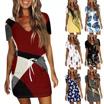 Женское летнее повседневное модное платье с короткими рукавами и V-образным вырезом с принтом L чёрный