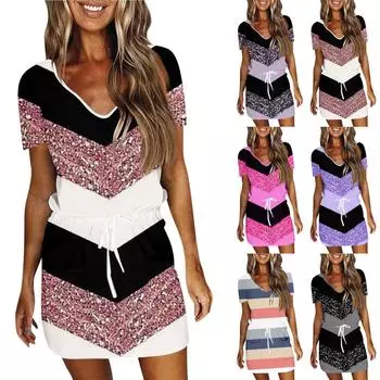 Женское летнее повседневное модное платье с короткими рукавами и V-образным вырезом с принтом L циан