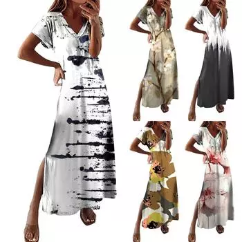 Женское летнее повседневное модное платье с коротким рукавом и V-образным вырезом с разрезом и цветочным принтом M серый