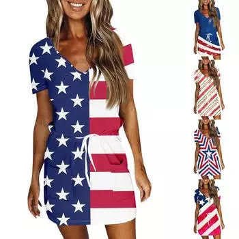 Женское летнее повседневное модное платье с короткими рукавами и кулиской на день независимости L синий