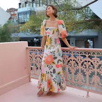 Женское летнее повседневное модное платье с однострочным воротником и рукавами-фонариками S синий/белый