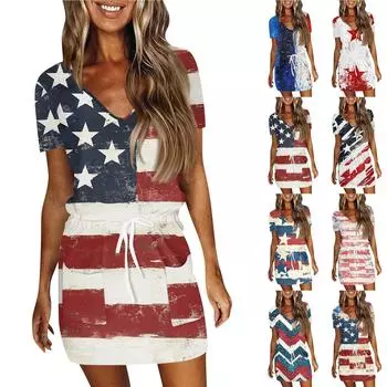Женское летнее повседневное модное платье с короткими рукавами и кулиской на день независимости L хаки