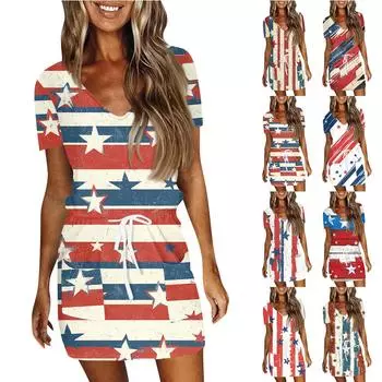 Женское летнее повседневное модное платье с короткими рукавами и кулиской на день независимости XXL бежевый