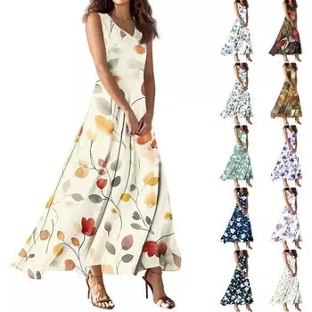 Женское летнее повседневное модное платье с принтом, платье без рукавов с V-образным вырезом L коричневый