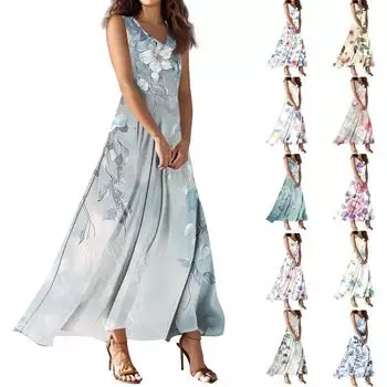 Женское летнее повседневное модное платье с принтом, платье без рукавов с V-образным вырезом L синий