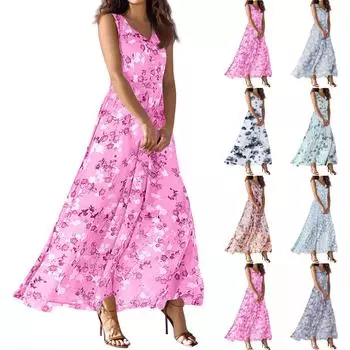 Женское летнее повседневное модное платье с V-образным вырезом без рукавов L горячий розовый