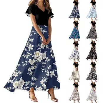 Женское летнее повседневное модное платье с цветочным принтом и V-образным вырезом с коротким рукавом L чёрный