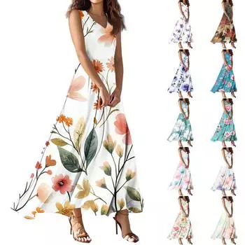 Женское летнее повседневное модное платье с принтом, платье без рукавов с V-образным вырезом L бежевый