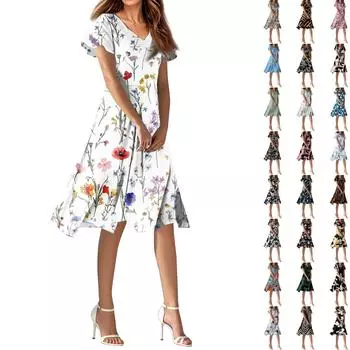 Женское летнее повседневное модное платье с цветочным принтом и V-образным вырезом, короткая юбка с коротким рукавом L чёрный