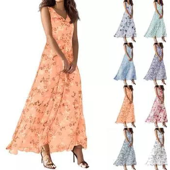 Женское летнее повседневное модное платье с V-образным вырезом без рукавов L циан