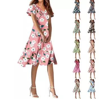 Женское летнее повседневное модное платье с цветочным принтом и V-образным вырезом, короткая юбка с коротким рукавом XXL синий