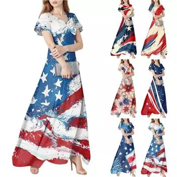 Женское летнее повседневное модное платье с принтом ко Дню независимости, платье с V-образным вырезом и короткими рукавами XXL