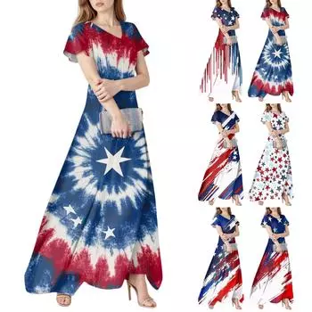 Женское летнее повседневное модное платье с принтом ко Дню независимости, платье с V-образным вырезом и короткими рукавами XXL синий