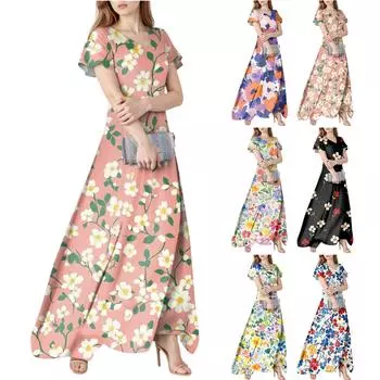 Женское летнее повседневное модное платье с цветочным принтом и V-образным вырезом с коротким рукавом XXL розовый