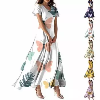 Женское летнее повседневное модное платье с принтом бабочек, V-образным вырезом, коротким рукавом XS