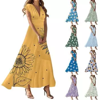 Женское летнее повседневное модное платье с цветочным принтом и V-образным вырезом с коротким рукавом XXL