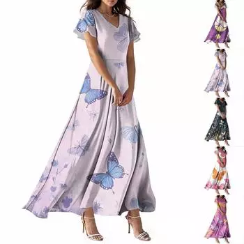 Женское летнее повседневное модное платье с принтом бабочек, V-образным вырезом, коротким рукавом S тёмно-синий