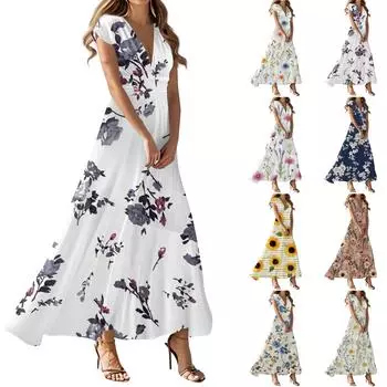 Женское летнее повседневное модное платье с цветочным принтом и V-образным вырезом с коротким рукавом S