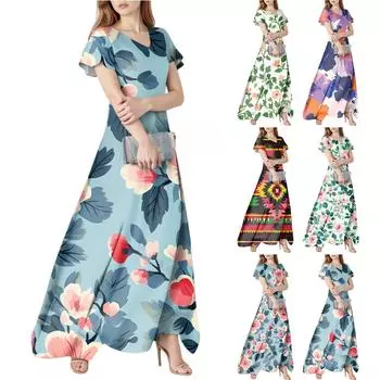 Женское летнее повседневное модное платье с цветочным принтом и V-образным вырезом с коротким рукавом XXL