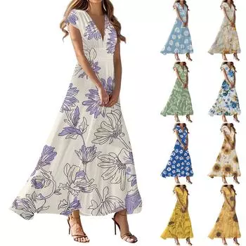 Женское летнее повседневное модное платье с цветочным принтом и V-образным вырезом с коротким рукавом XL жёлтый