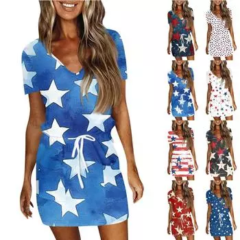 Женское летнее повседневное модное платье с короткими рукавами и кулиской на день независимости XXL
