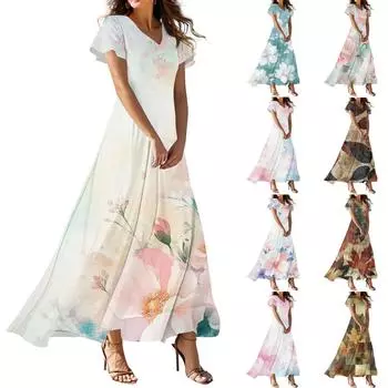 Женское летнее повседневное модное платье с цветочным принтом и V-образным вырезом с коротким рукавом L армия зеленый