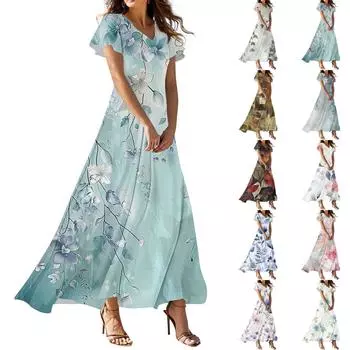 Женское летнее повседневное модное платье с цветочным принтом и V-образным вырезом с коротким рукавом L синий