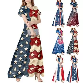 Женское летнее повседневное модное платье с принтом ко Дню независимости, платье с V-образным вырезом и короткими рукавами S красный