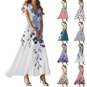 Женское летнее повседневное модное платье с цветочным принтом и V-образным вырезом с коротким рукавом XXL синий