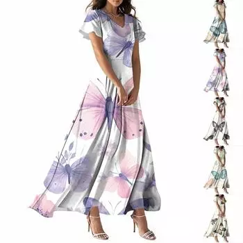 Женское летнее повседневное модное платье с принтом бабочек, V-образным вырезом, коротким рукавом XL