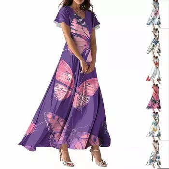 Женское летнее повседневное модное платье с принтом бабочек, V-образным вырезом, коротким рукавом S циан