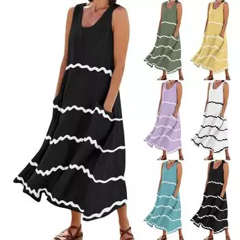 Женское летнее повседневное модное платье в полоску с принтом без рукавов и круглым вырезом с карманом L