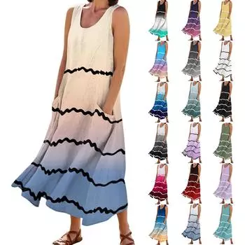 Женское летнее повседневное модное платье в полоску с принтом без рукавов и круглым вырезом с карманом L чёрный