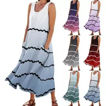 Женское летнее повседневное модное платье в полоску с принтом без рукавов и круглым вырезом с карманом L серый