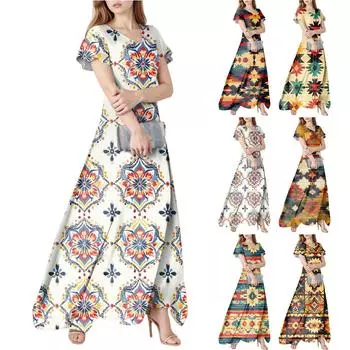 Женское летнее повседневное модное платье в стиле бохо с принтом и V-образным вырезом, с коротким рукавом M бежевый