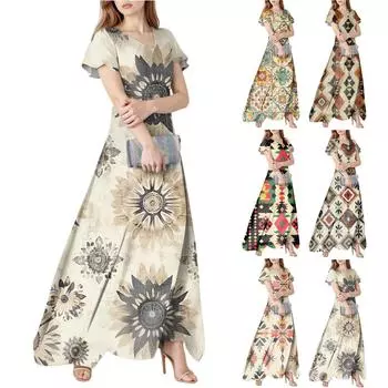 Женское летнее повседневное модное платье в стиле бохо с принтом и V-образным вырезом, с коротким рукавом M бежевый
