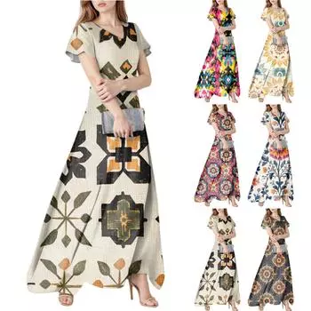 Женское летнее повседневное модное платье в стиле бохо с принтом и V-образным вырезом, с коротким рукавом XXL бежевый