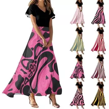 Женское летнее повседневное модное полосатое принтованное платье с V-образным вырезом и коротким рукавом L армия зеленый