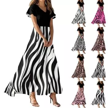 Женское летнее повседневное модное полосатое принтованное платье с V-образным вырезом и коротким рукавом L чёрный