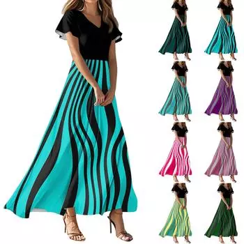 Женское летнее повседневное модное полосатое принтованное платье с V-образным вырезом и коротким рукавом L армия зеленый