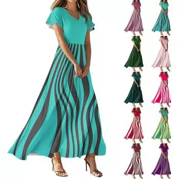 Женское летнее повседневное модное полосатое принтованное платье с V-образным вырезом и коротким рукавом XS винный