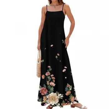 Женское летнее повседневное модное регулируемое длинное платье с принтом на подтяжках M чёрный