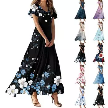 Женское летнее повседневное модное ретро-платье с цветочным принтом и коротким рукавом M чёрный