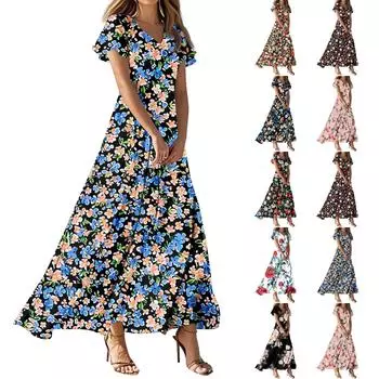 Женское летнее повседневное модное ретро-платье с цветочным принтом и коротким рукавом M розовый