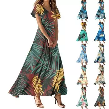 Женское летнее повседневное модное ретро-платье с цветочным принтом и коротким рукавом XL бежевый