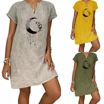Женское летнее повседневное модное свободное хлопковое льняное платье с короткими рукавами и v-образным вырезом L жёлтый