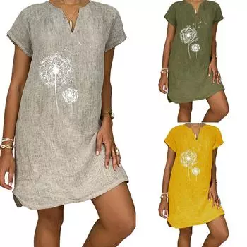 Женское летнее повседневное модное свободное хлопковое льняное платье с короткими рукавами и v-образным вырезом с принтом одуванчика XL зелёный