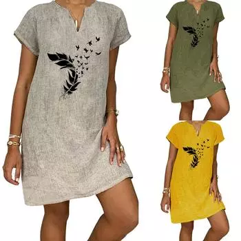 Женское летнее повседневное модное свободное хлопковое льняное платье с короткими рукавами и v-образным вырезом XL зелёный